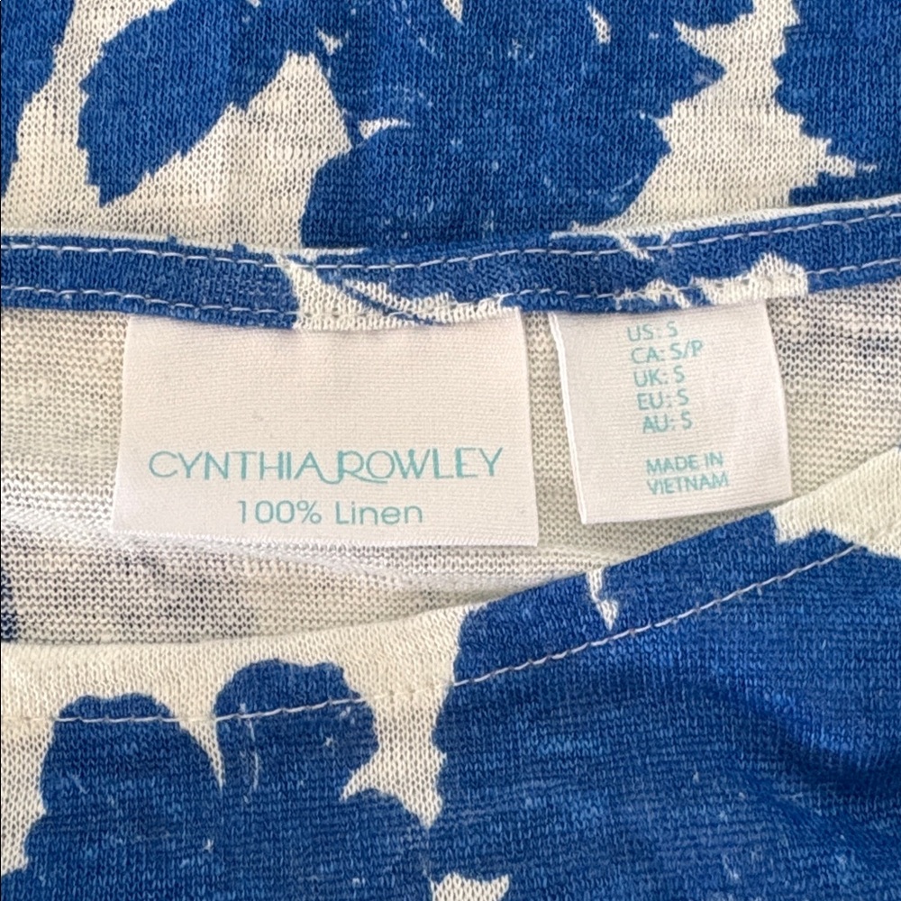 CYNTHIA ROWLEY 100% Linen Cap Sleeve Floral Top in Blue/White Size - Picture 9 of 9